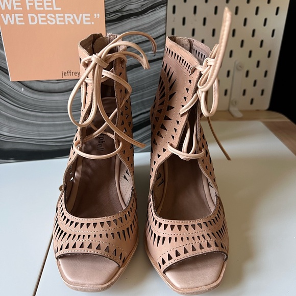 Jeffrey Campbell Rodillo-Hi Tan Nude Wedge Booties with Laser-Cut Design - Picture 3 of 13